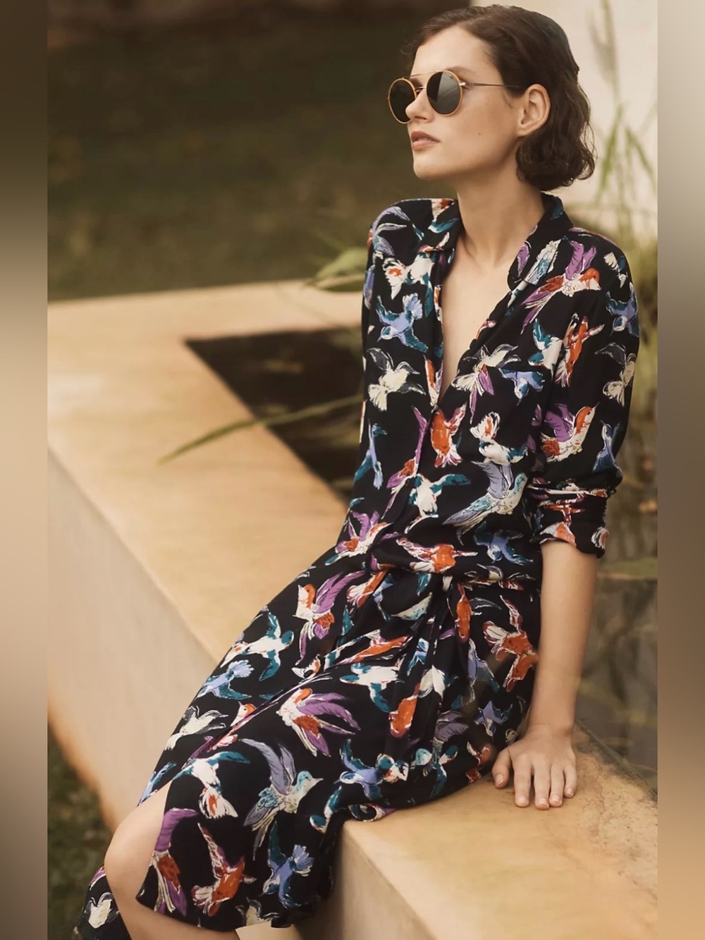 Anthropologie MAEVE Martina Belted Midi Shirtdress Button Down Bird Print SZ. 8